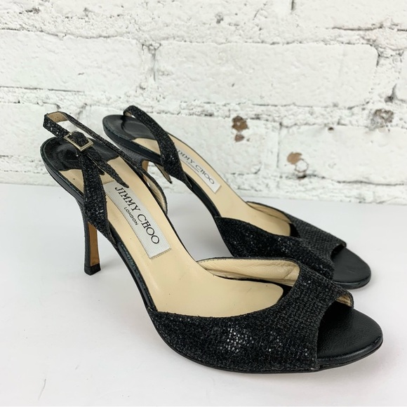 Jimmy Choo Laser Black Glitter Sparkle Slingback Peep Toe Stiletto Heel 38.5 - Picture 7 of 13